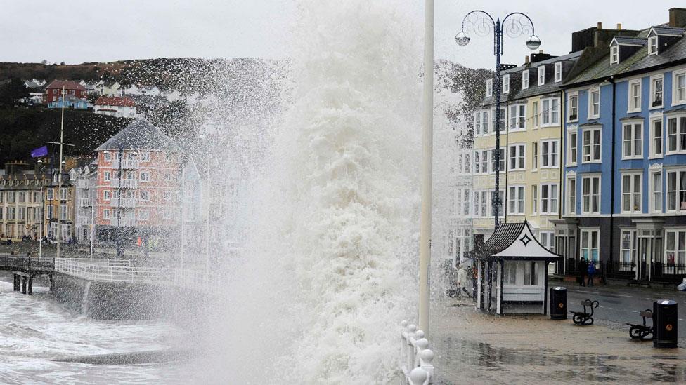 Waves high on the seafront on Sunday in Aberystwyth