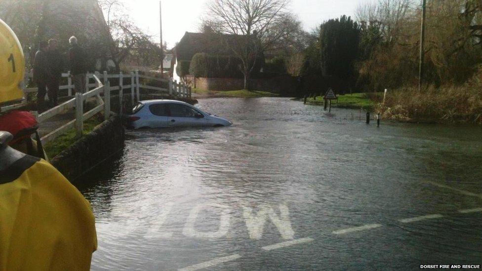 Car flooded in the village of Tarrant Monkton, Dorset. Taken by Dorset Fire and Rescue