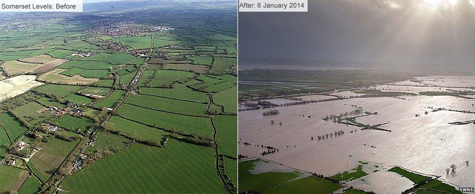 Somerset levels before and after the storms brought floodwaters.