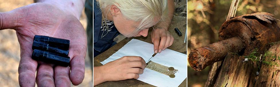 Found objects: An ID tag, a volunteer deciphers writing on ID paper - and a grenade