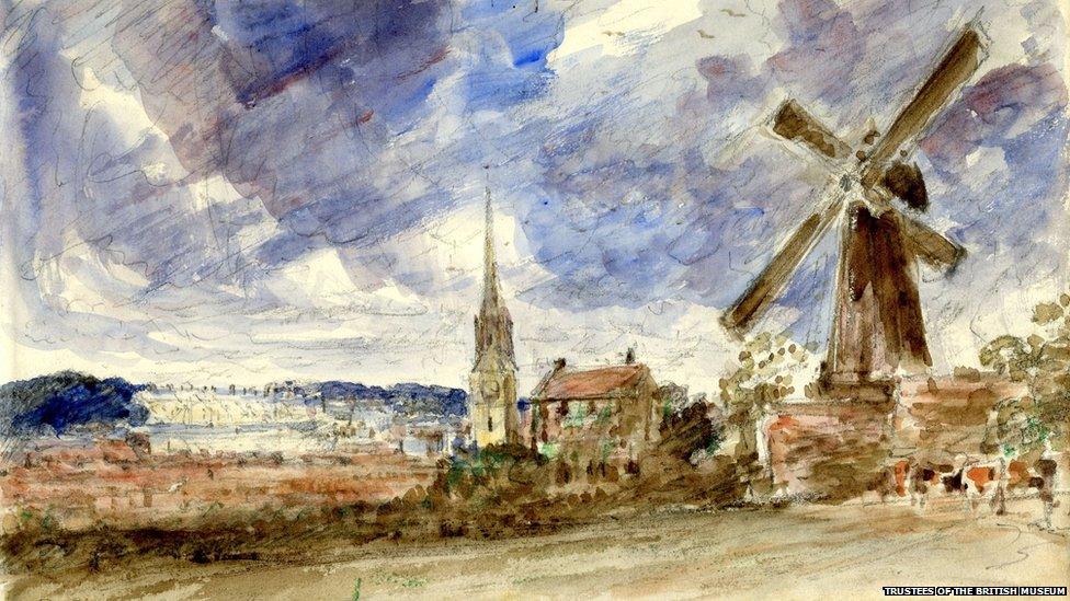 Petworth church and windmill, with Petworth House beyond, by John Constable. Pencil and watercolour on paper