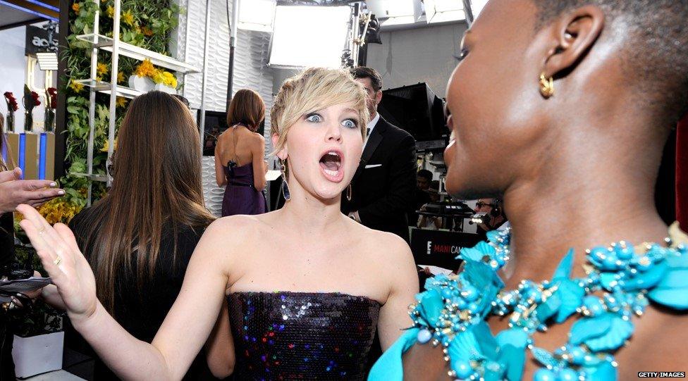Jennifer Lawrence greets Lupita Nyong'o