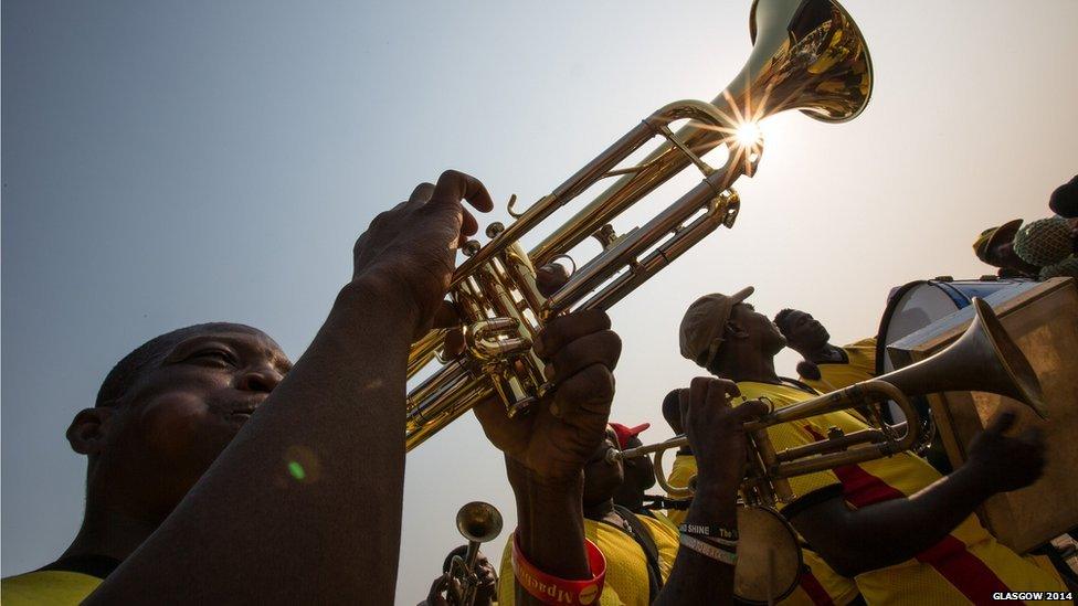 Musicians play in honour of the Queen's baton at a ceremonial event at Flagstaff House, Accra, Ghana.