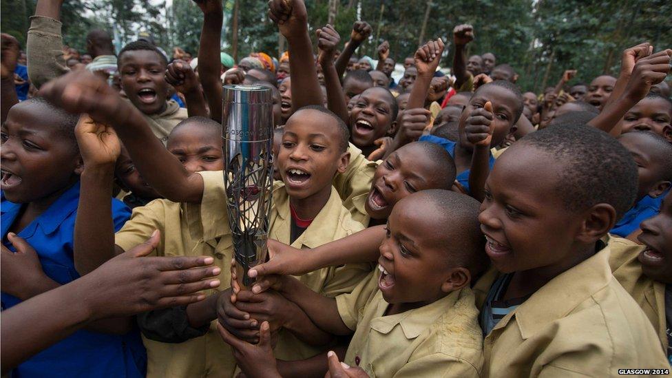 The Queen's baton visits Musanze, Rwanda, where it was met by hundreds of enthusiastic schoolchildren