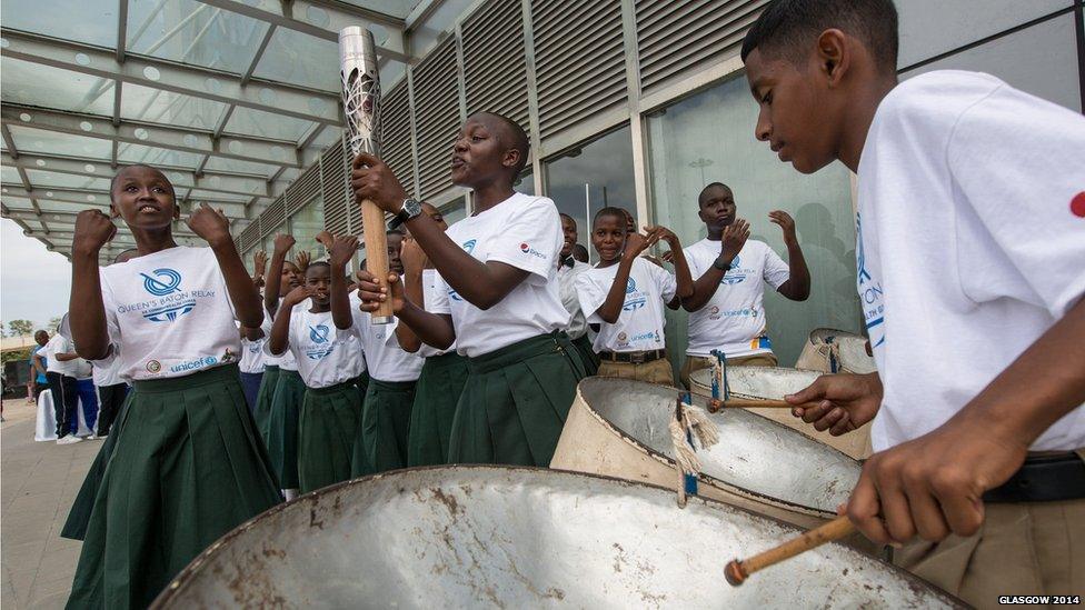 Children play music as part of the baton celebrations during a visit to Dar es Salaam, Tanzania.