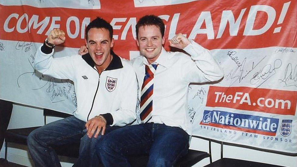 Ant & Dec with England flag in 2002