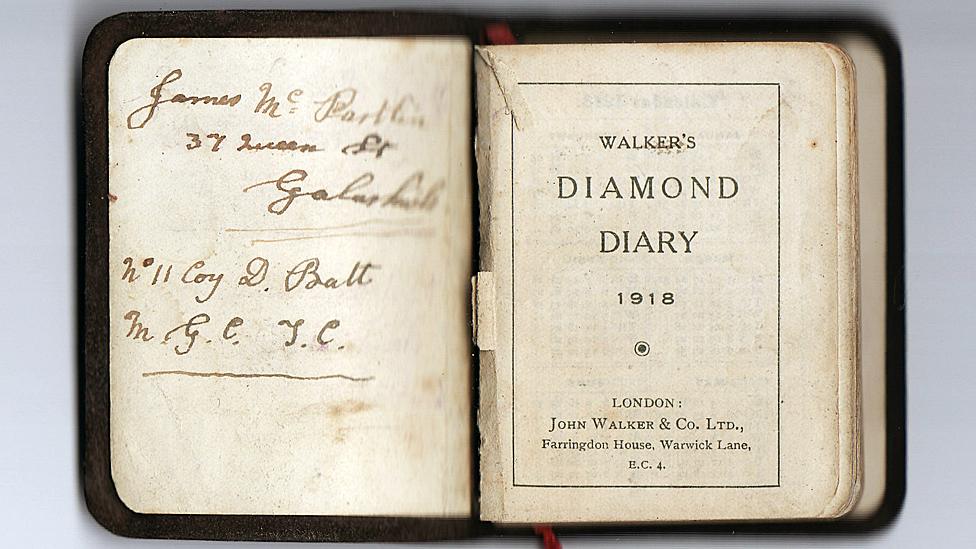 Inside page of diary reads: James McPartlin, 37 Queen St Courtesy, No 11 Coy D Batt, No 11 Coy D Batt. First page reads Walker;s Diamond Diary 1918 Lodon