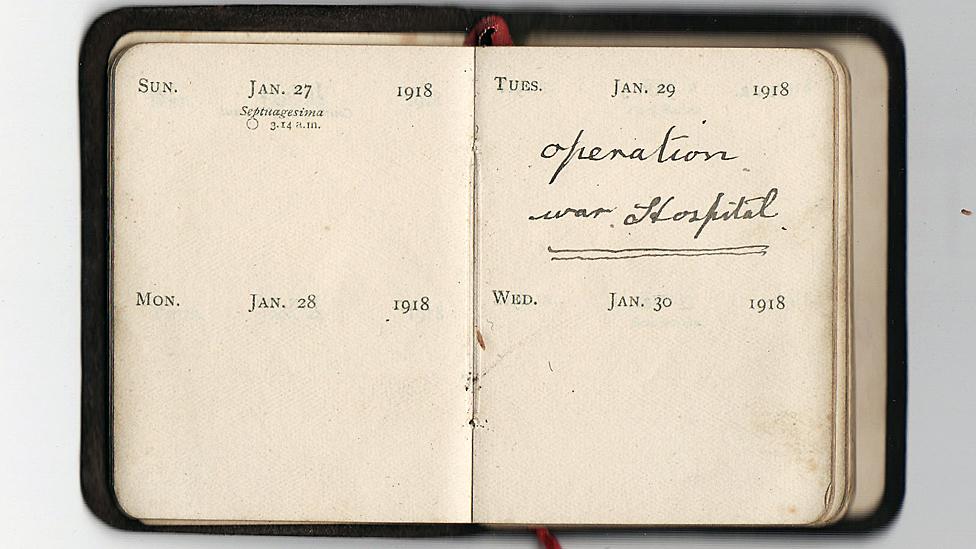 Diary reads: January 29 1918 - operation, war hospital.
