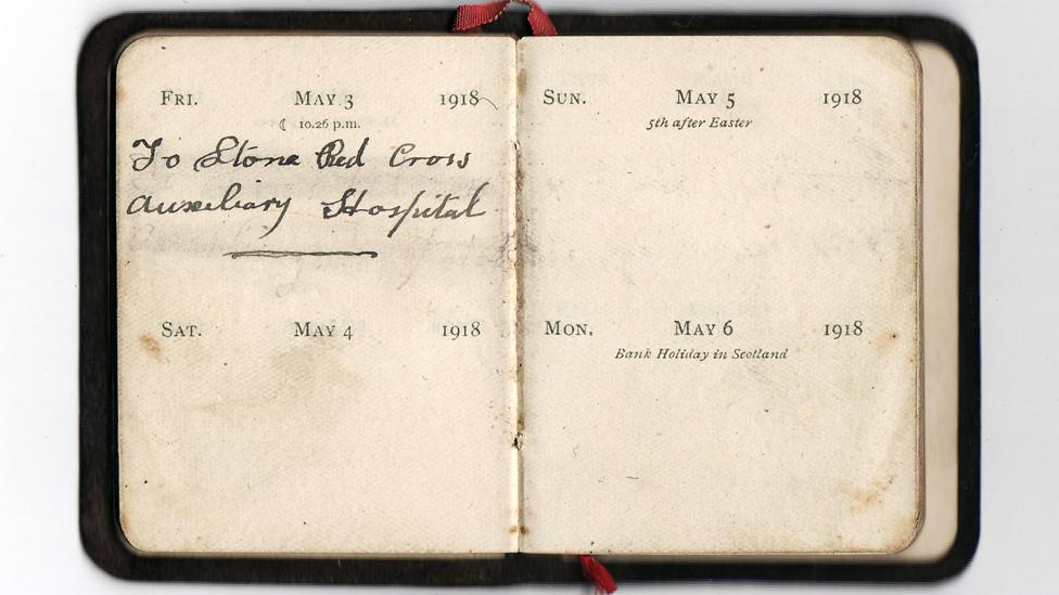 Diary reads: May 3 1918 To Stone Red Cross Auxiliary Hospital