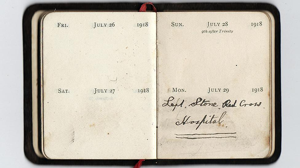 Diary reads: July 29 1918 - left Stone Red Cross Hospital.
