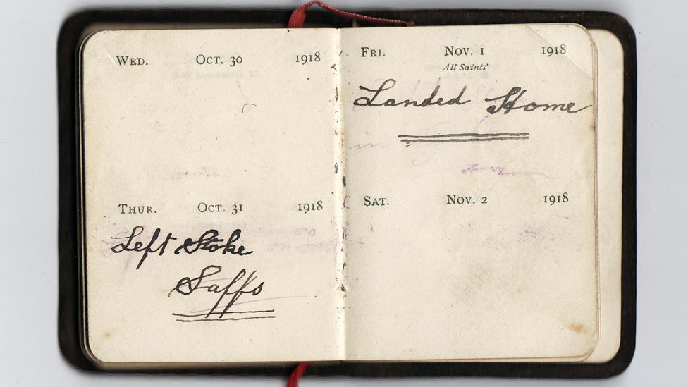 Diary reads: October 31 1918 - Left Stoke, Staffs. November 1 1918 - landed home.