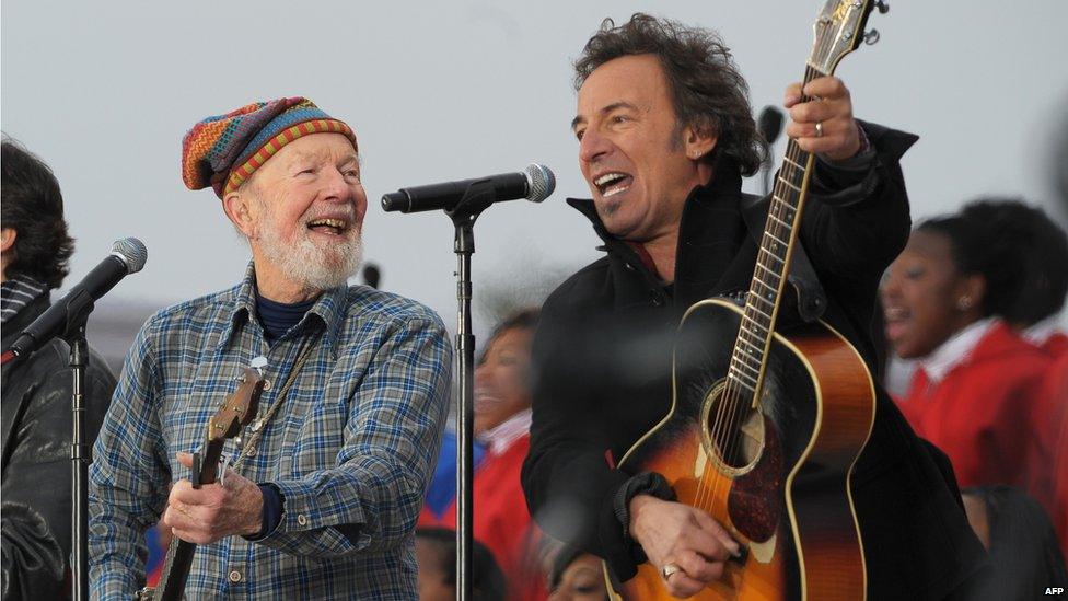 Singing President Obama into office, Pete Seeger, left, and Bruce Springsteen, right, performing during the We are One Inaugural Celebration at the Lincoln Memorial on 18 January 2009 in Washington