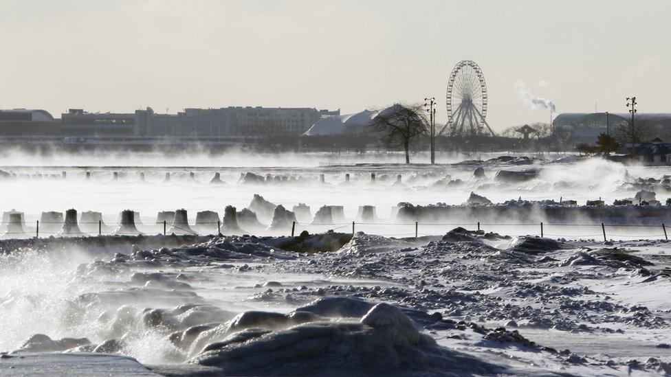 Steam rising from Lake Michigan in Chicago.