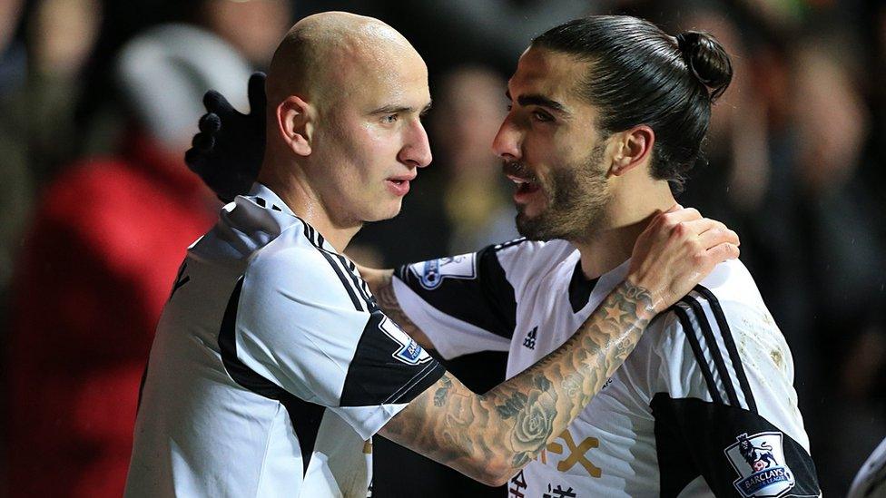 Swansea goal-scorers Jonjo Shelvey and Chico Flores