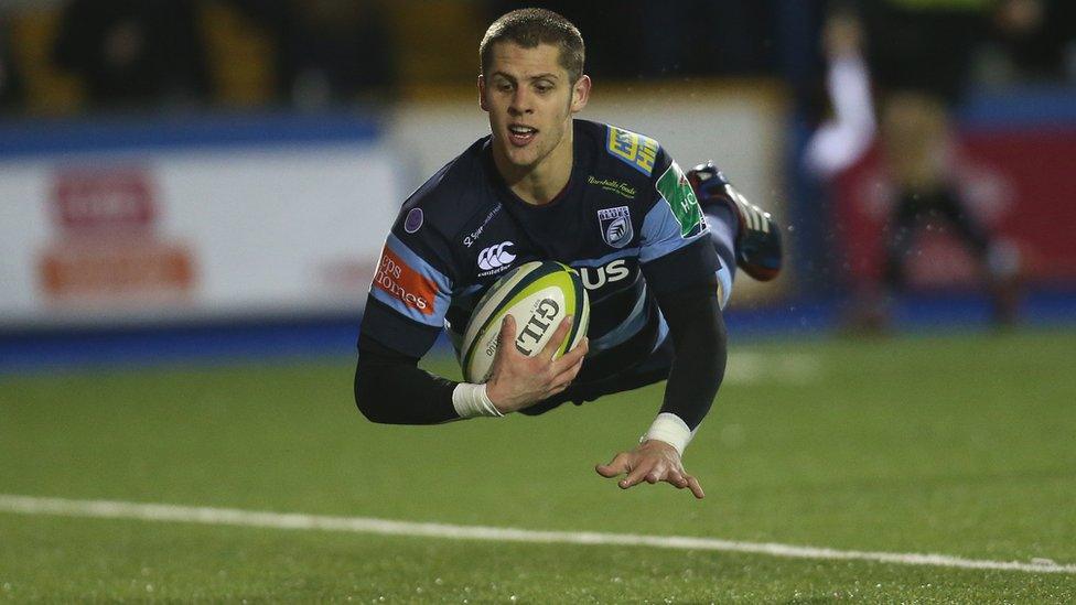 Cardiff Blues' Tom Williams dives in to score try