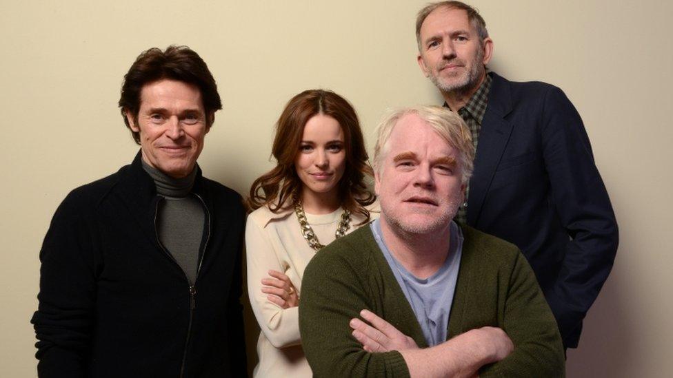 Actors Willem Dafoe, Rachel McAdams, and Philip Seymour Hoffman and director Anton Corbijn pose for a portrait during the 2014 Sundance Film Festival