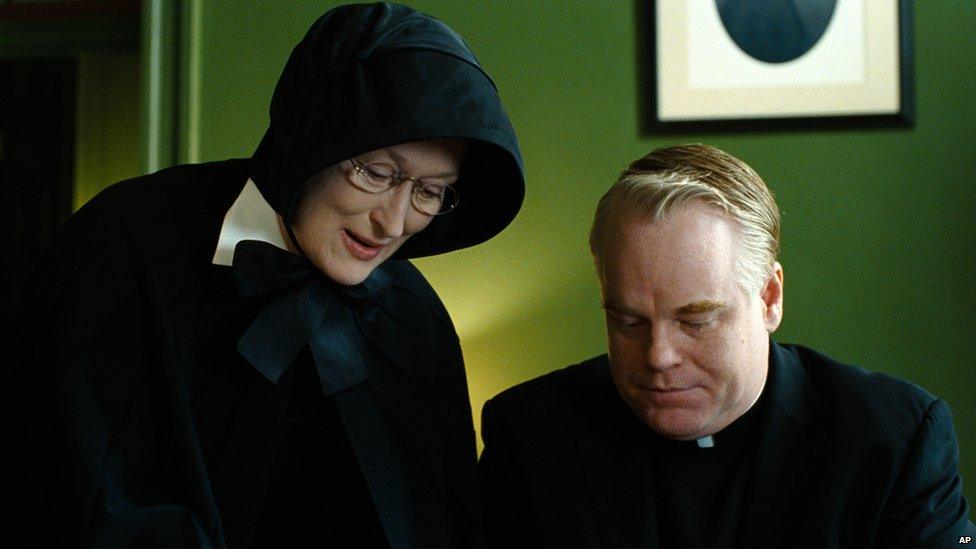 Philip Seymour Hoffman portrays Father Flynn, right, and Meryl Streep portrays Sister Aloysius in a scene from "Doubt."