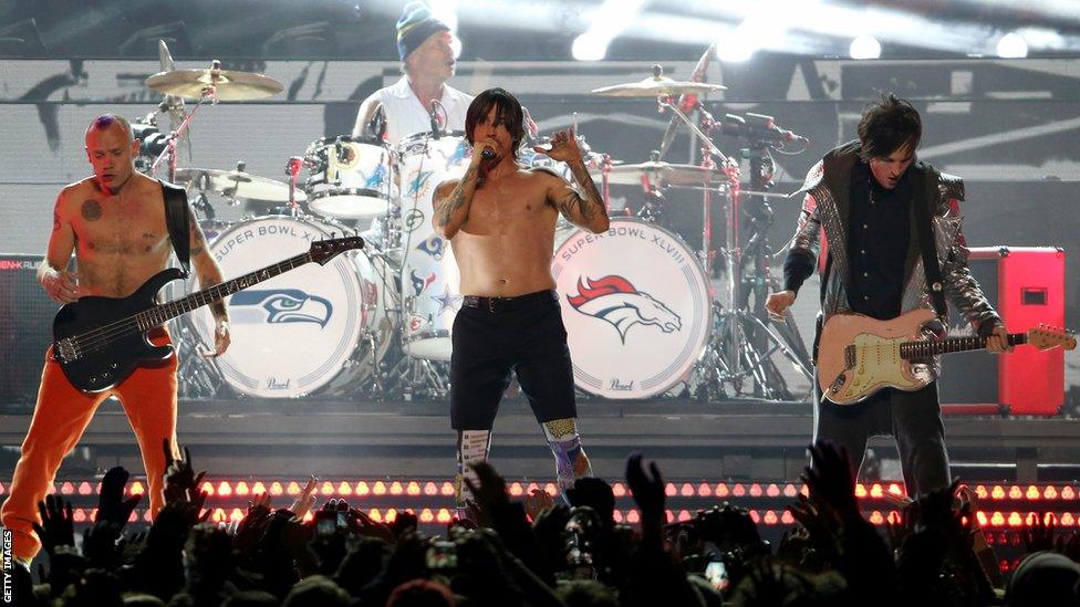 The Red Hot Chili Peppers perform in Super Bowl XLVIII's half-time show