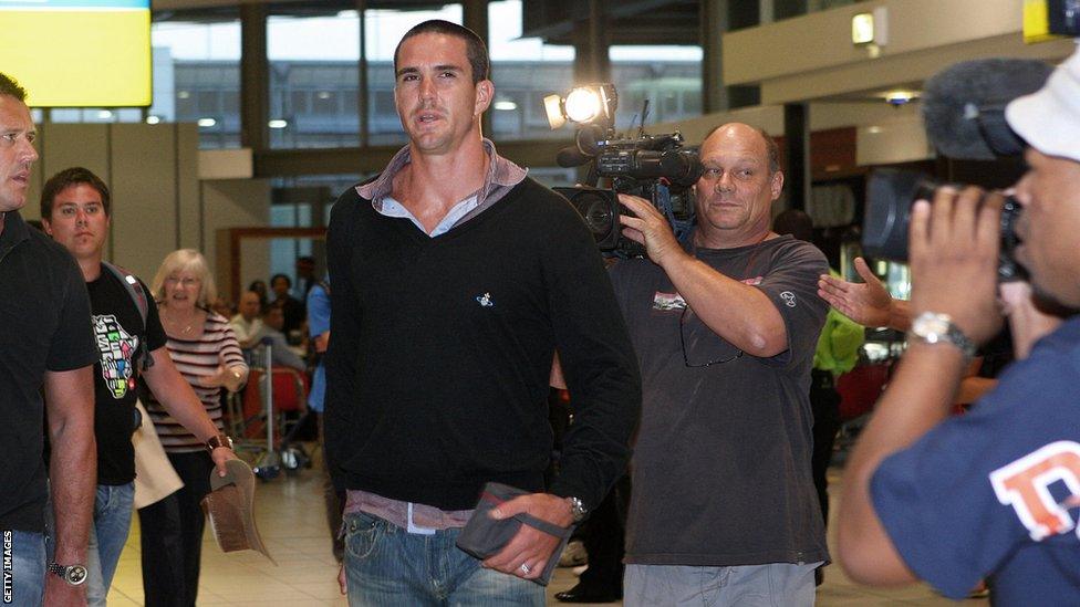 Kevin Pietersen arriving at Heathrow after resigning as England captain