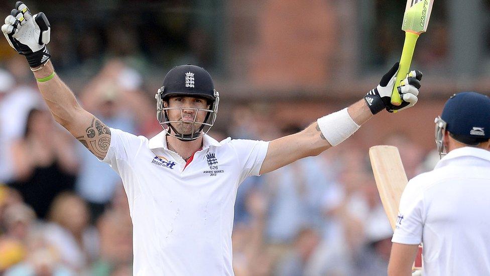 Kevin Pietersen celebrates a century during the third Ashes Test at Old Trafford in August 2013