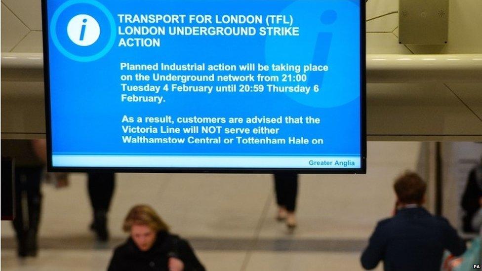 A screens flash up at Liverpool Street Station informing people of the strike