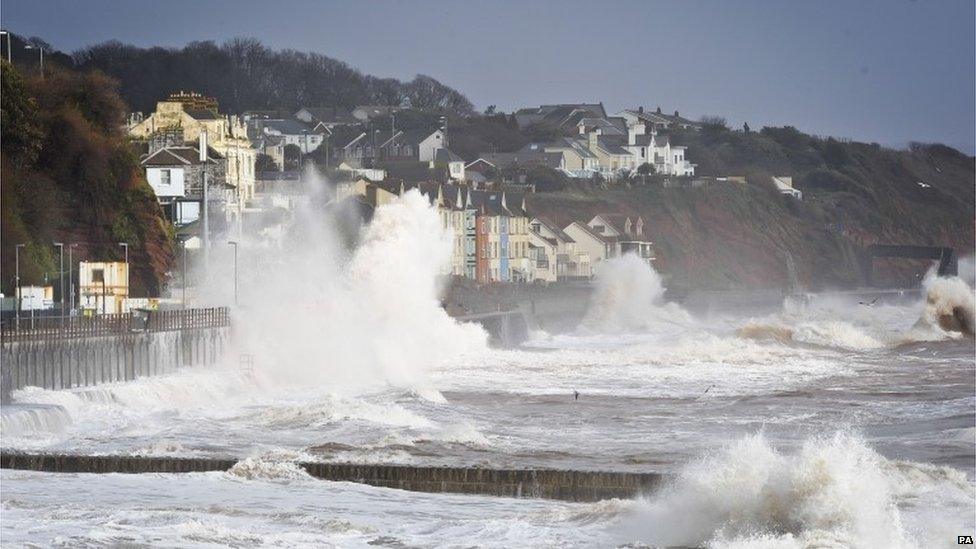 A wave hitting the sea wall in Dawlish