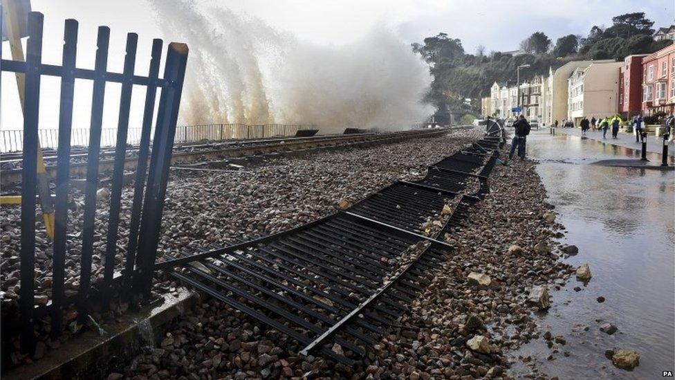 Damage to the track at Dawlish, Devon