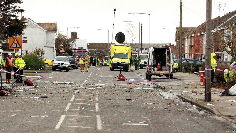 Emergency services at the scene where an explosion destroyed homes in Cloes Lane, Clacton.