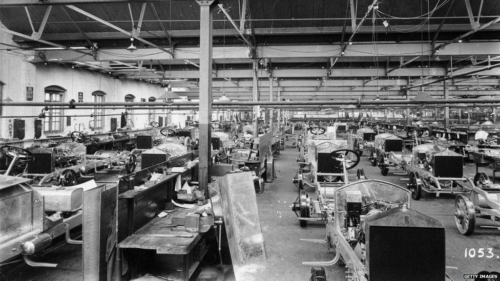 Rolls-Royce Silver Ghosts under construction, Derby, c1912. Rows of these hand-built cars at various levels of completion.