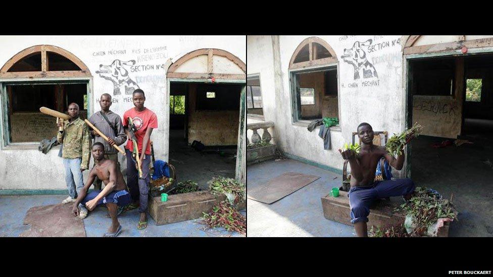 L: Army recruits pose with wooden weapons at Bokassa's old palace R: An army recruit holds up leaves at Bokassa's old palace - Central African Republic, February 2014