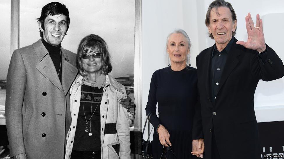 Leonard Nimoy with Sandi Nimoy in 1971 and with Susan Bay in 2013