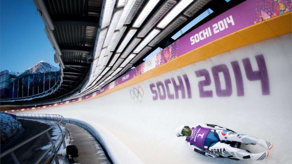 South Korea's Park Jinyong and Cho Jung Myung during a Luge Doubles training session at the Sanki Sliding Centre