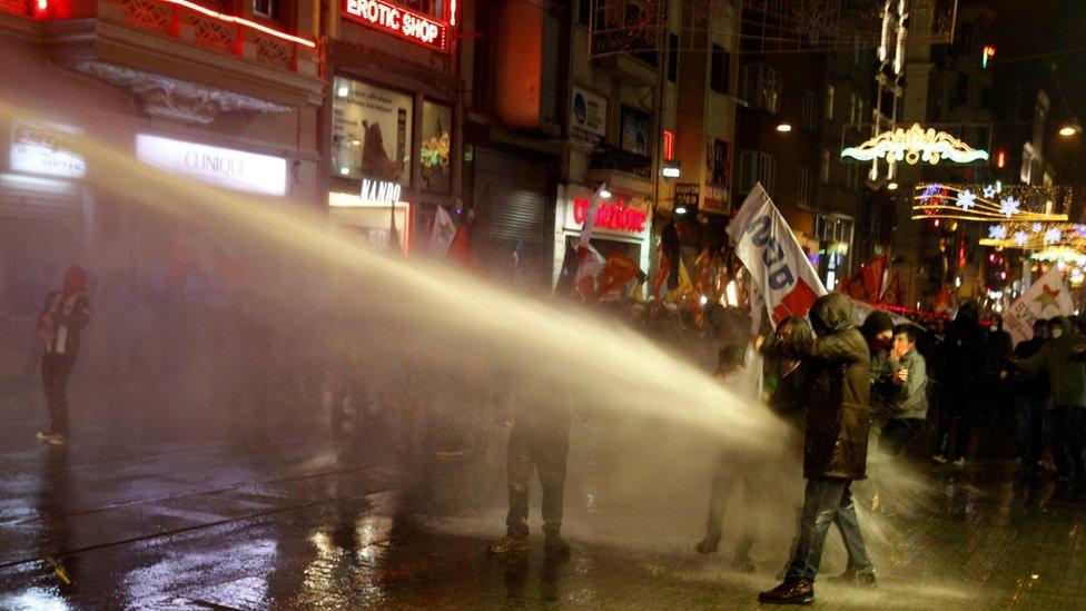 Riot police in Istanbul use water cannon to disperse protesters (8 Feb)