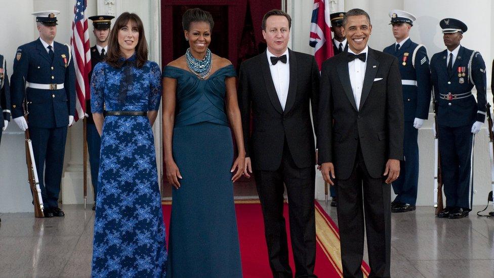 President Barack Obama and First Lady Michelle Obama pose with British Prime Minister David Cameron and his wife, Samantha Cameron, outside the White House on 14 March 2012