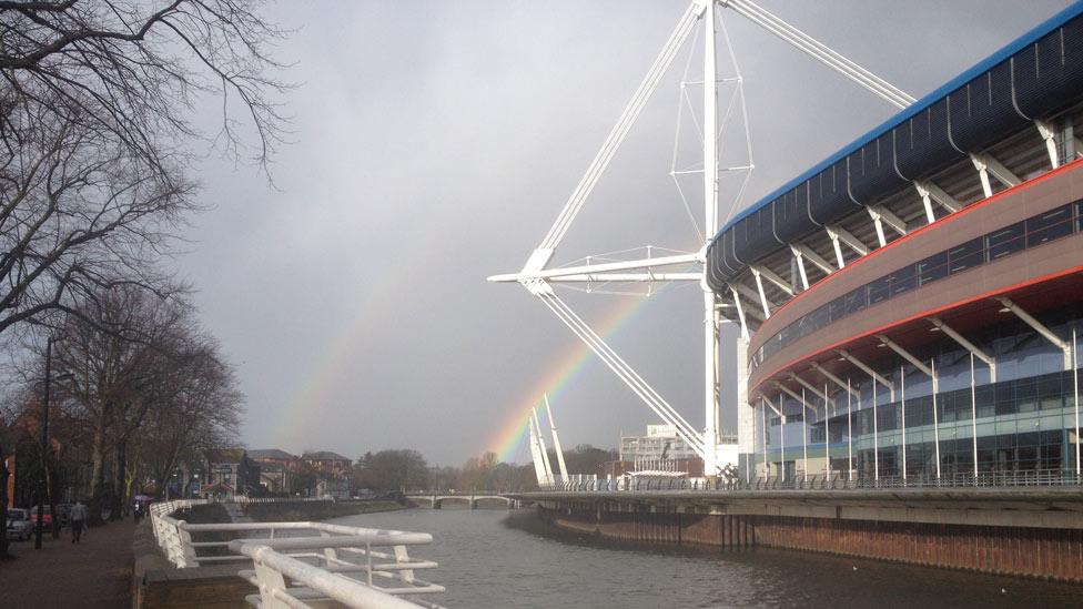 Two rainbows behind Cardiff's Millennium Stadium