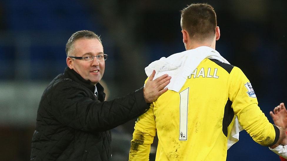 Aston Villa Paul Lambert congratulates Cardiff goalkeeper David Marshall