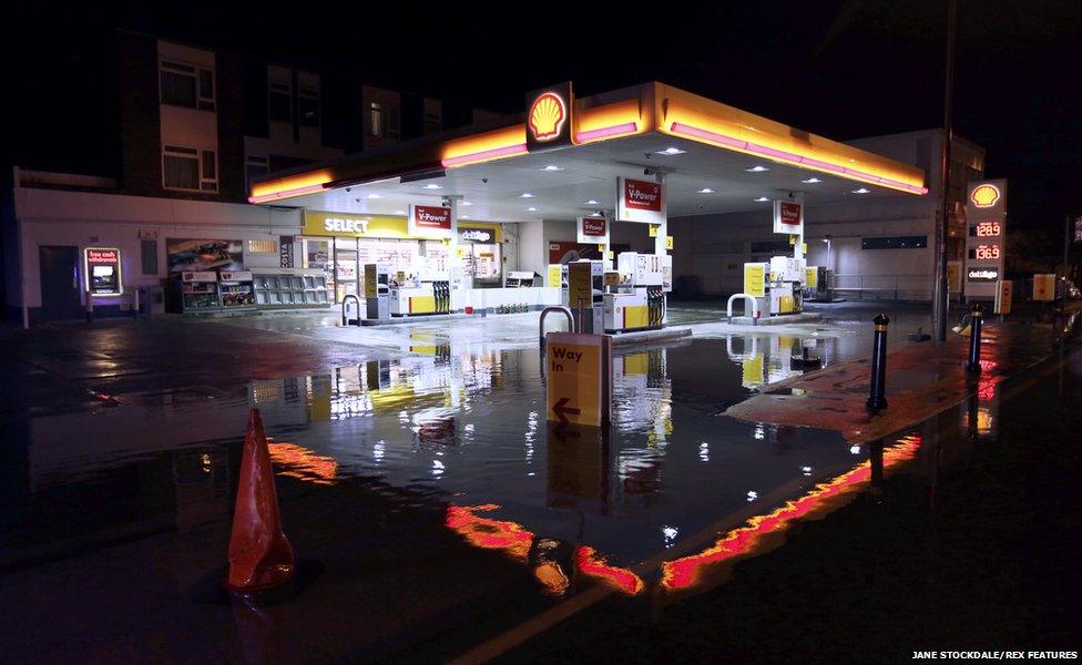 A flooded petrol station in Staines