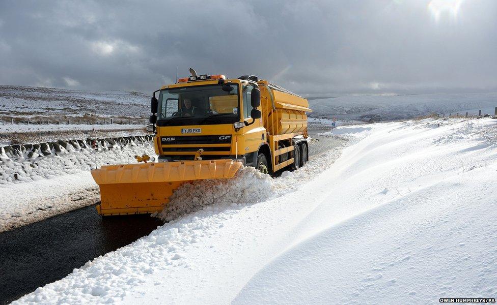 A snow plough clears snow on the Northumberland border