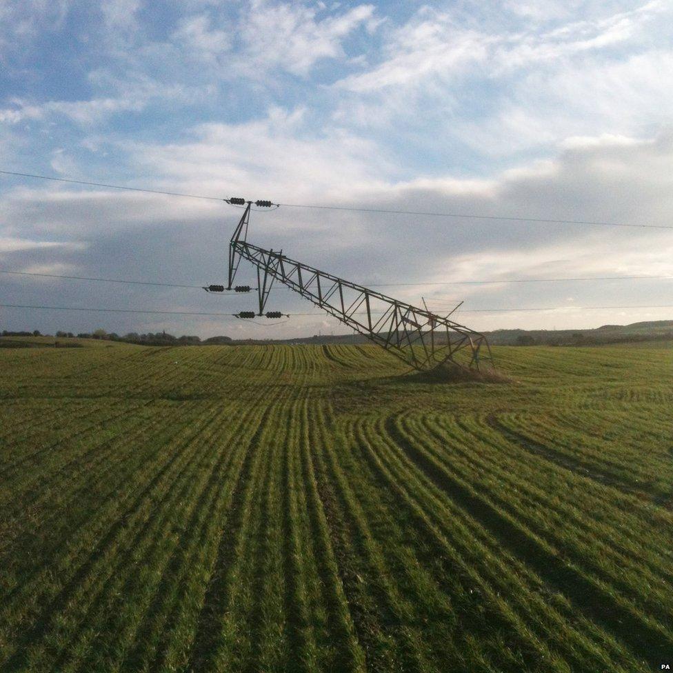 Damaged pylon, caused by severe winds overnight, just south of Houghton le Spring, Tyne and Wear.