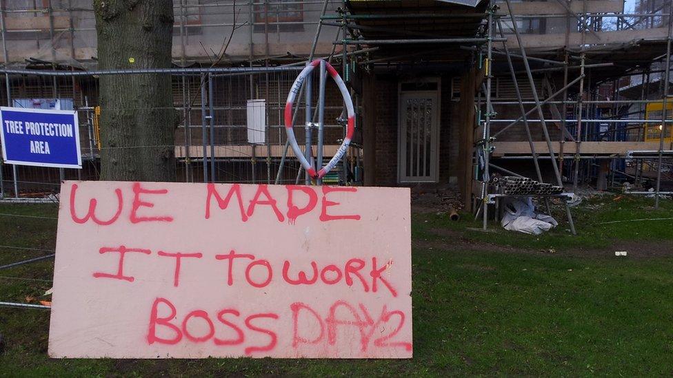 A sign made by workers at a building site in St Johns, Worcester