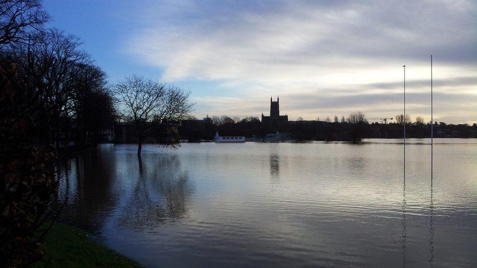 Worcestershire County Cricket Club's New Road ground covered in flood water