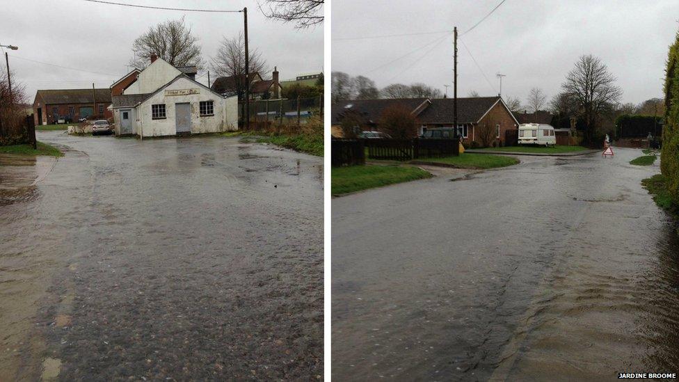 Flooded road in Tilshead, Wiltshire