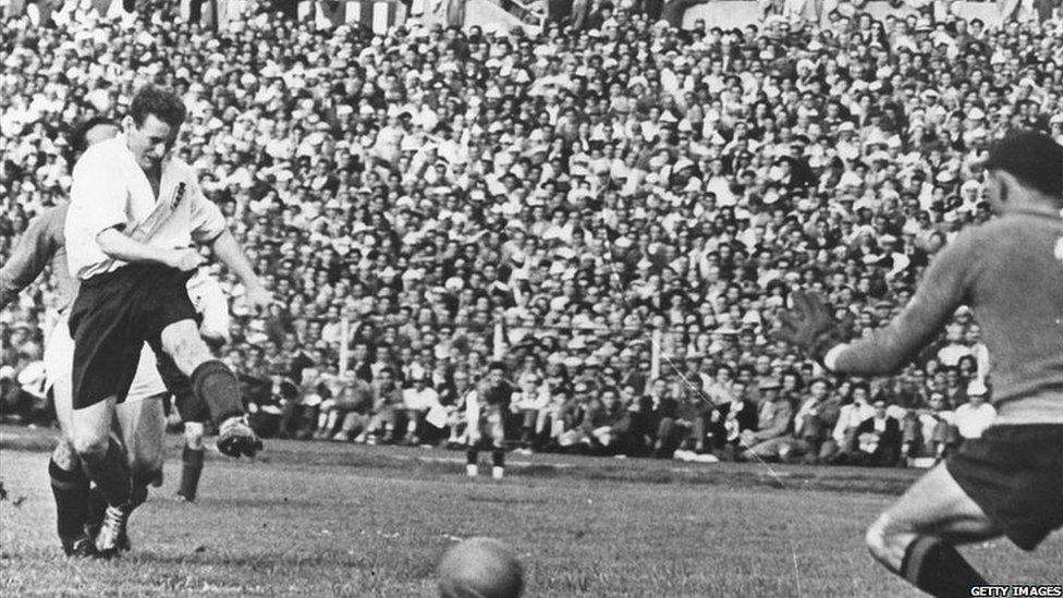 Sir Tom Finney scores against Italy