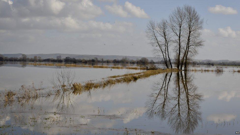 The flooded Somerset Levels in South West England