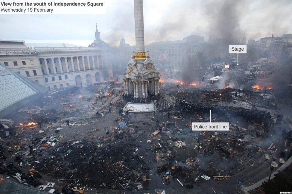 South side of Independence Square in Kiev, occupied by anti-government protesters and retaken by police