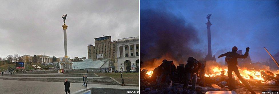 A before and after shot showing Independence Square in Kiev