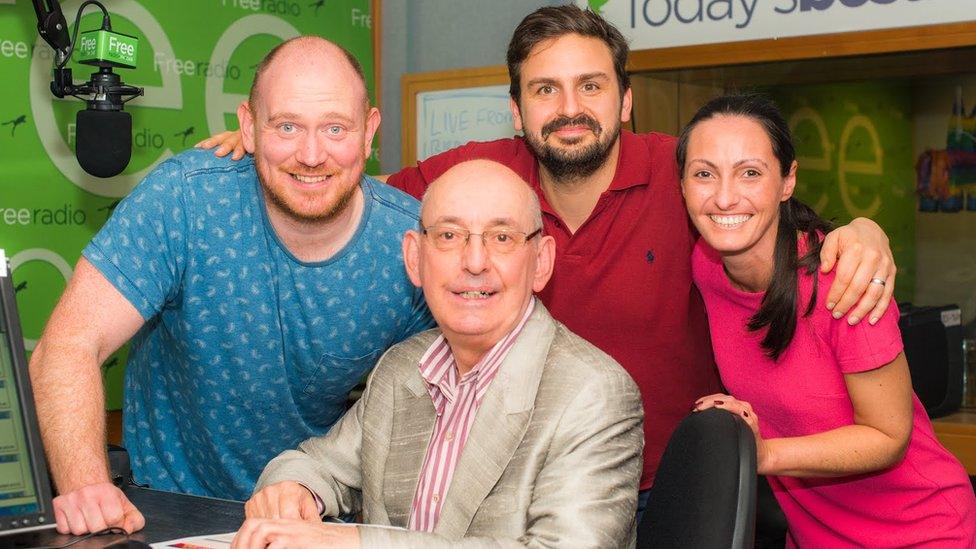 Free Radio breakfast hosts Foxy, Giuliano and Chiara with Les Ross at the front