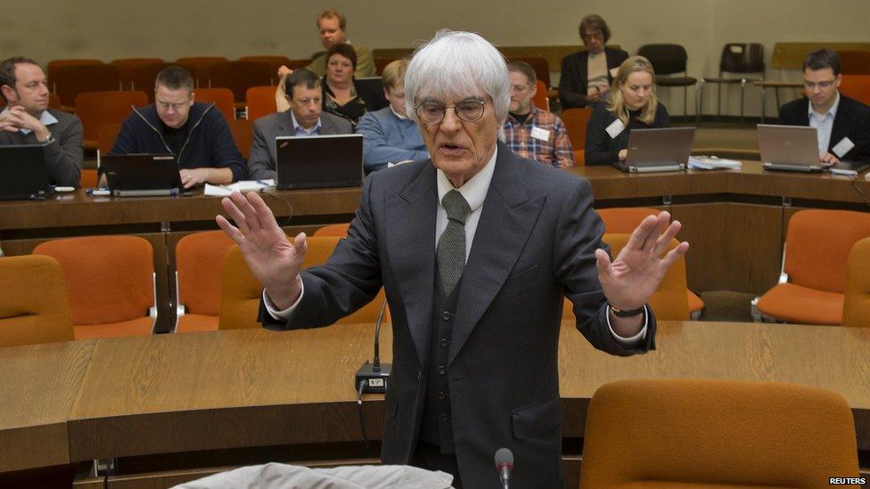 Bernie Ecclestone as he testifies in the trial against banker Gerhard Gribkowsky at a district court