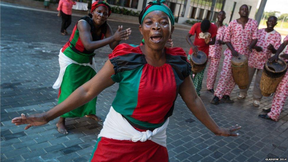 Dancers welcome the baton to Bingu International Conference Centre in the Malawi capital, Lilongwe.