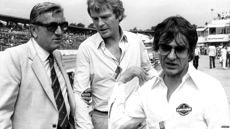 The then FIA President Jean-Marie Balestre, with then Formula One Constructors Association (FOCA) spokesman Max Mosley, and then FOCA head Bernie Ecclestone